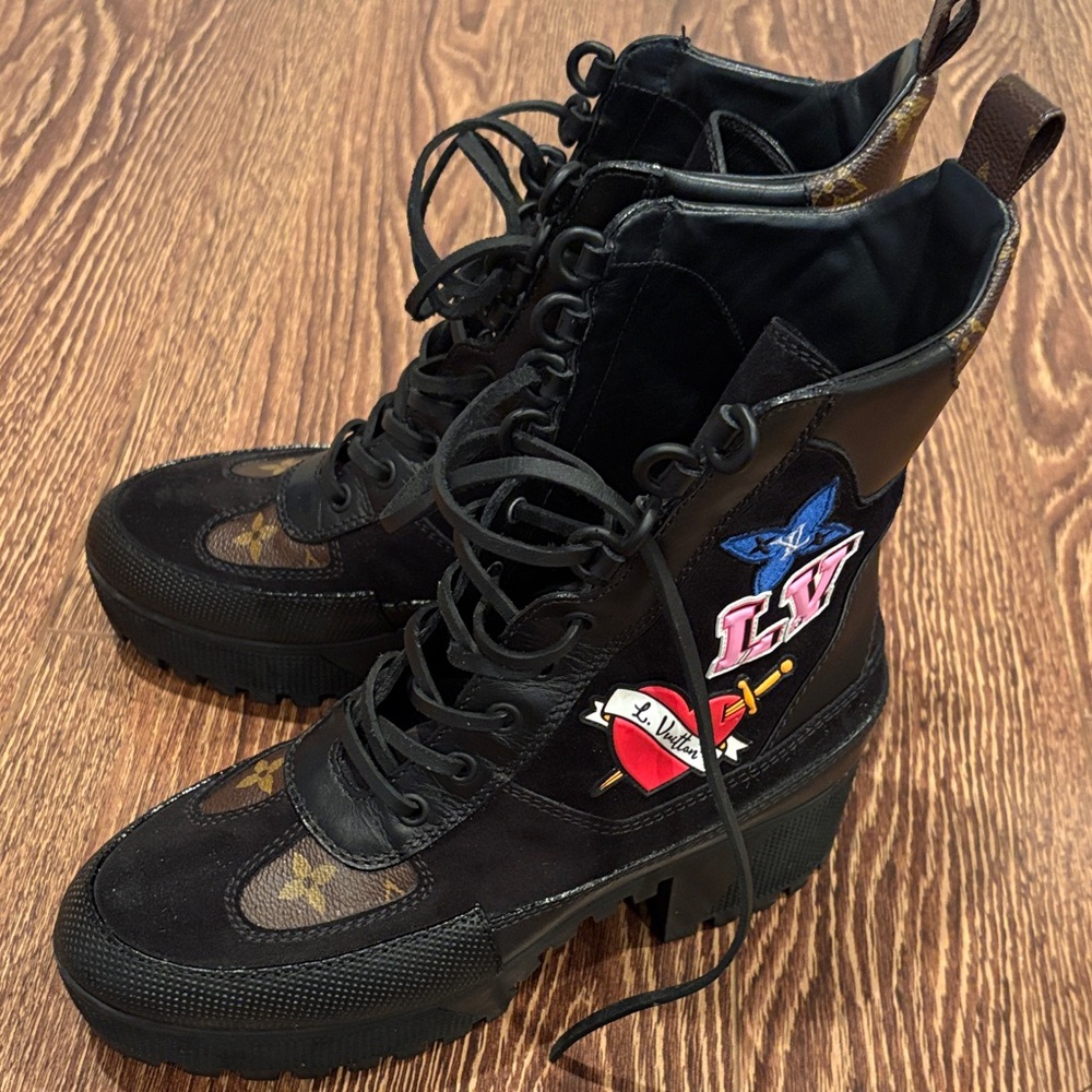 Louis Vuitton Black Combat Boots with Colorful Patches
